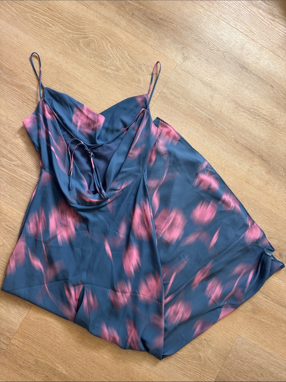 NWT Zara Blue Satin Cowl Neck with Pink Floral Wash Dress Medium